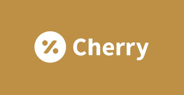 brown rectangle with white bold lettering saying cherry and white outlined logo of two dots with line in the middle